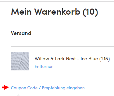 Shopping cart with yarn and coupon code link