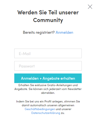 Login and registration form in German language