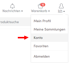 Dropdown menu with account options in German